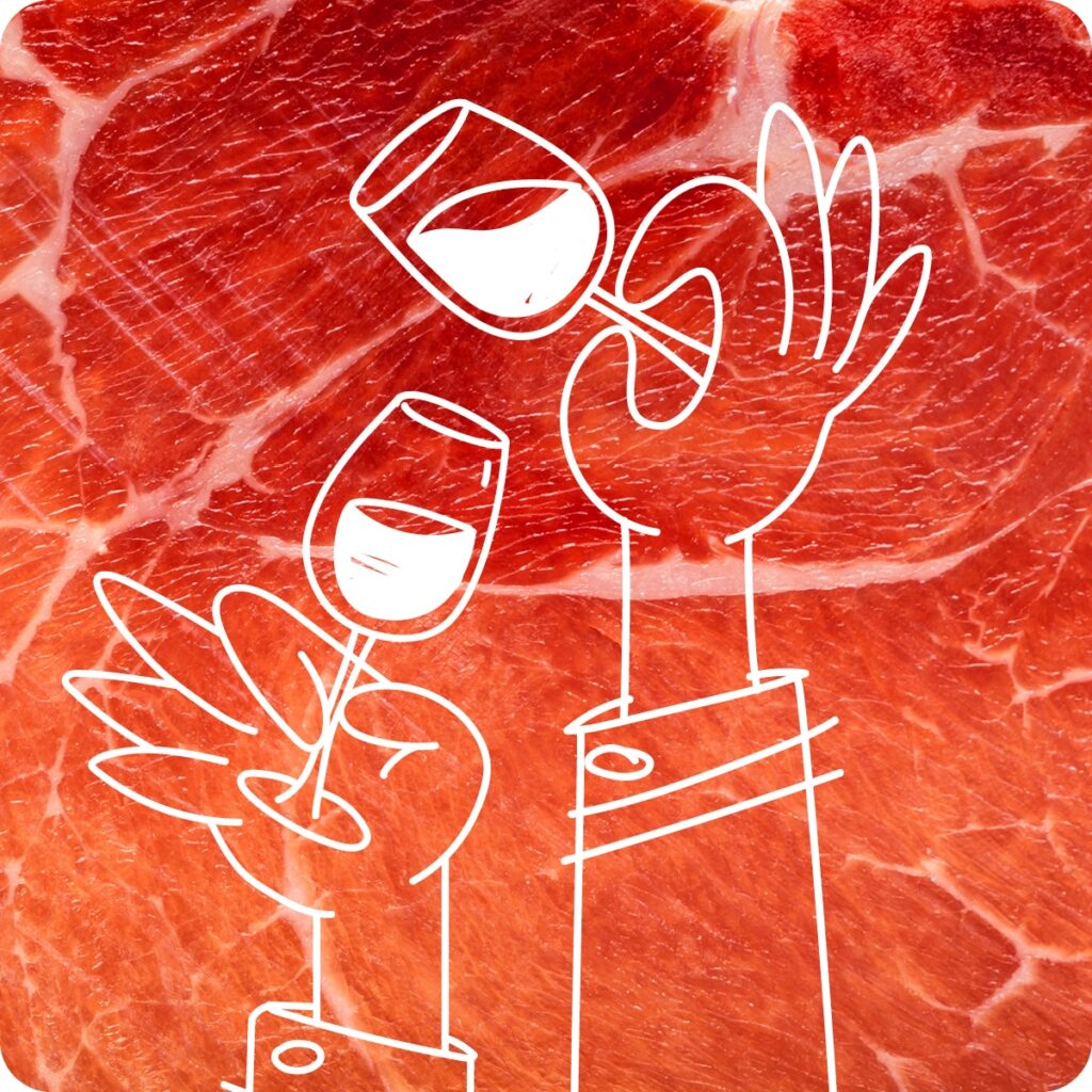 Un disegno stilizzato di due mani che tengono due calici durante un brindisi su uno sfondo di fette di prosciutto.