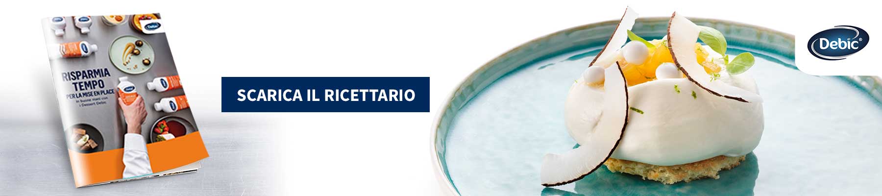 Il ricettario Debic, di fiano a un piatto gourmet e al logo Debic collocato in alto a destra. Al centro un riquadro con l'invito a scaricare il ricettario cliccando sul banner.