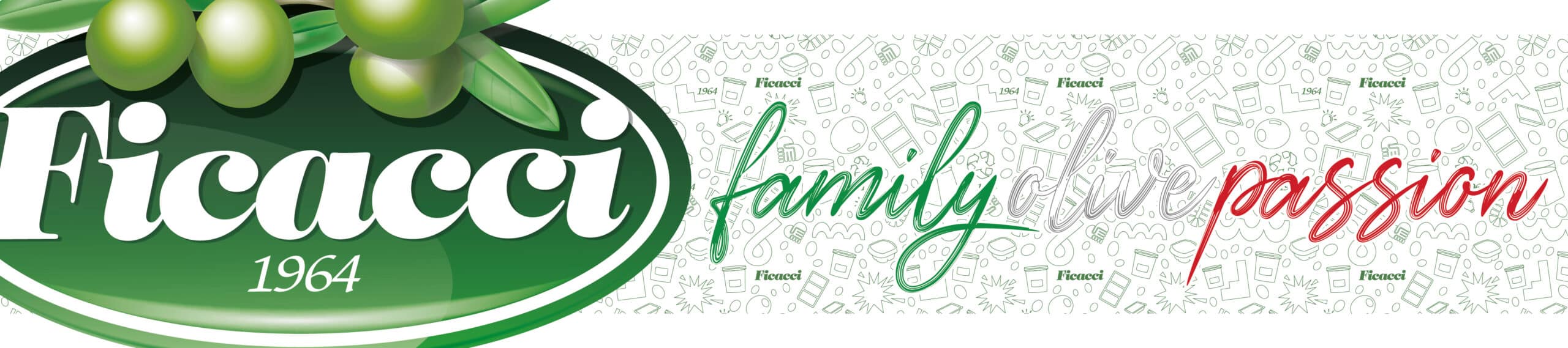 Il logo dell'azienda Ficacci, con a lato una texture sulla quale campeggia il claim "family olive passion" con le tre parole nei tre colori della bandiera italiana.