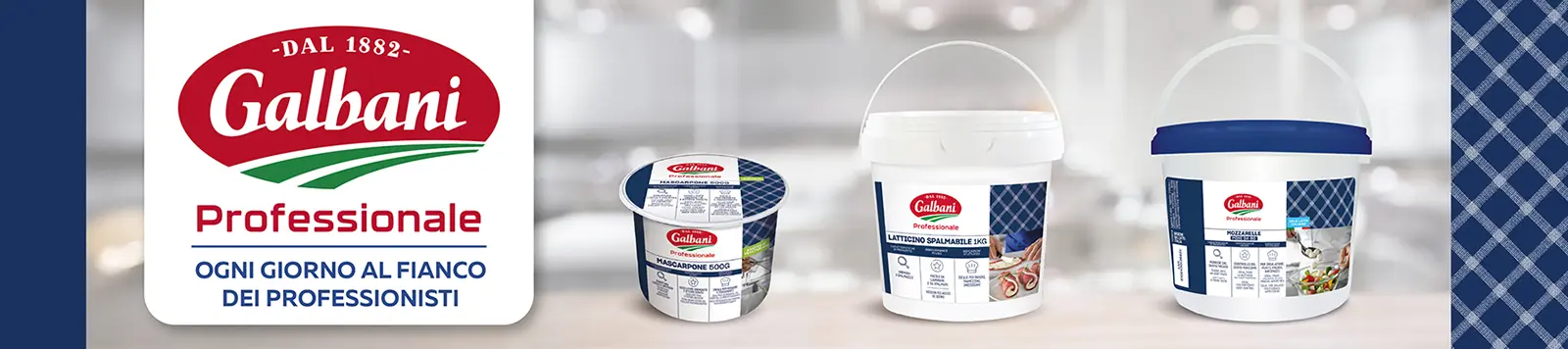 Banner promozionale Galbani che presenta tre confezioni di prodotti professionali (latticino, mascarpone, mozzarella) insieme al logo dell'azienda posto nella parte laterale.