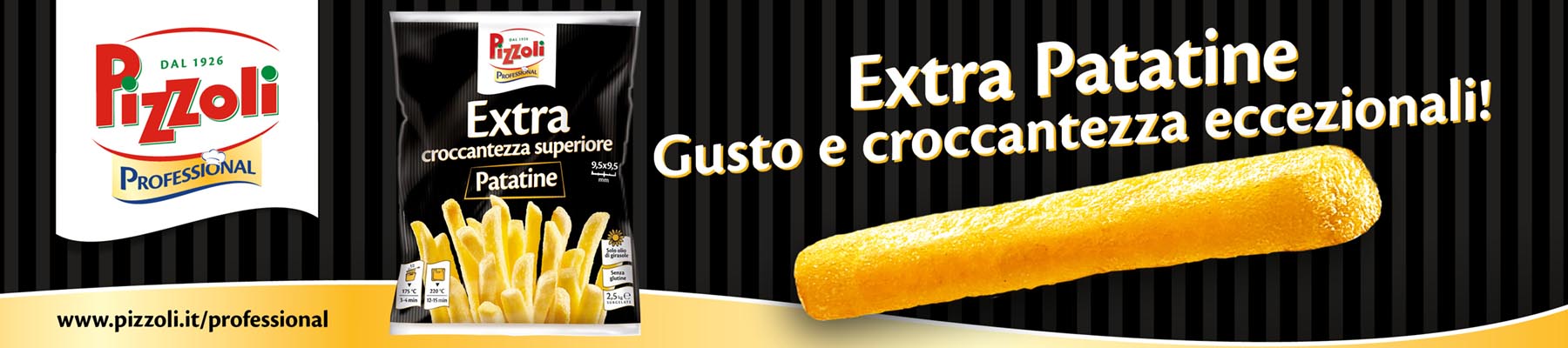 Banner pubblicitario dell'azienda Pizzoli che mostra in primo piano una patatina fritta. Vicino, più in lontananza, una confezione. Nella parte sinistra è presente il logo dell'azienda.